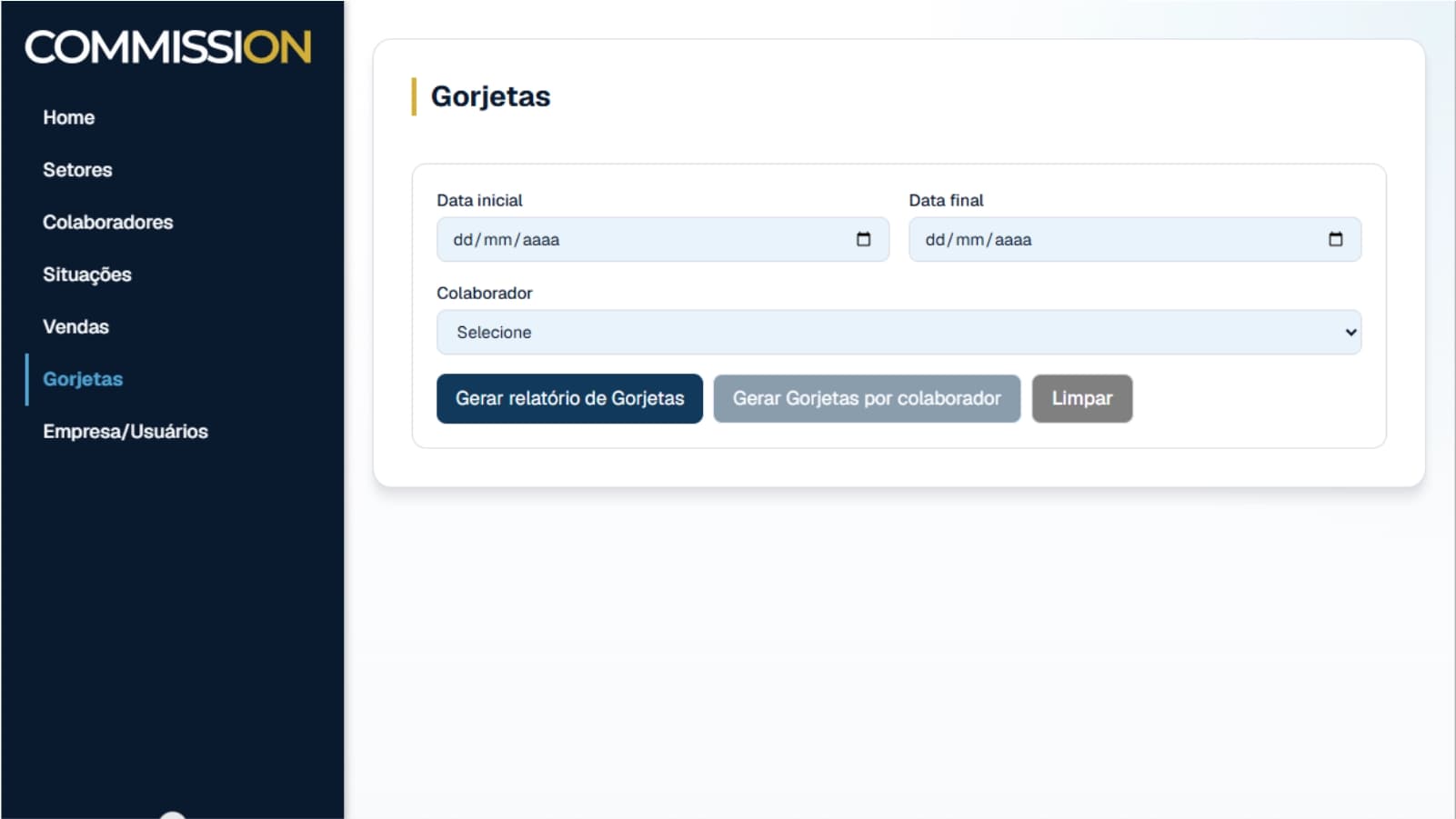 Tela inicial do módulo Gorjetas com filtros de período e colaborador