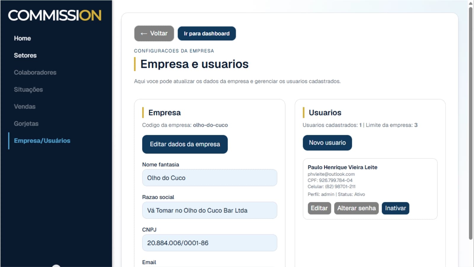 Dados da empresa e do usuário responsável no módulo Empresa e Usuários