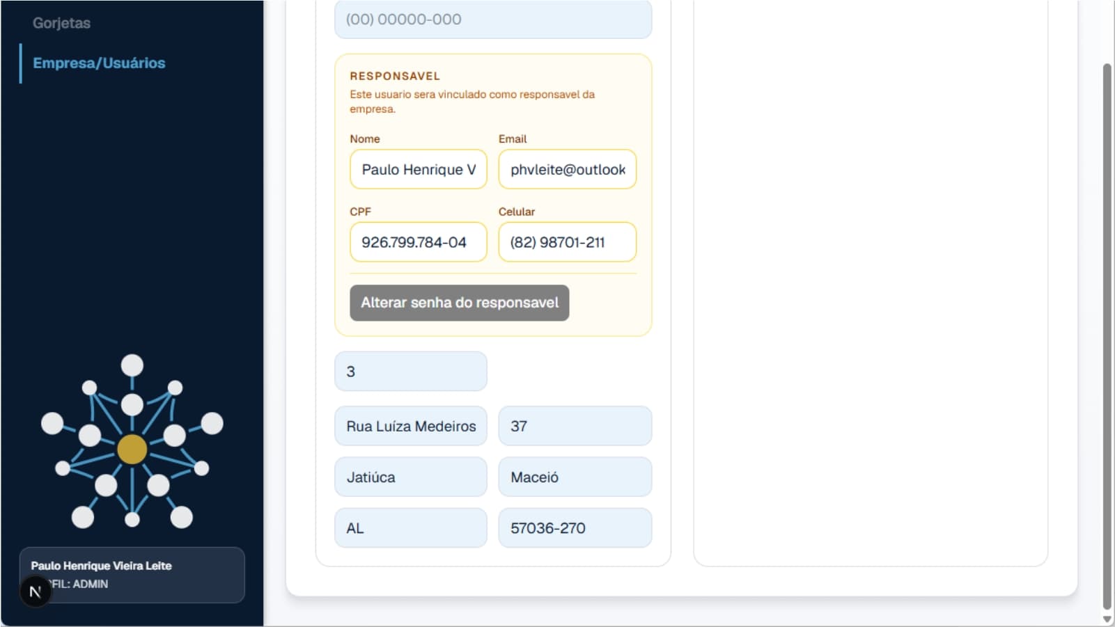 Card de dados da empresa com informações do responsável