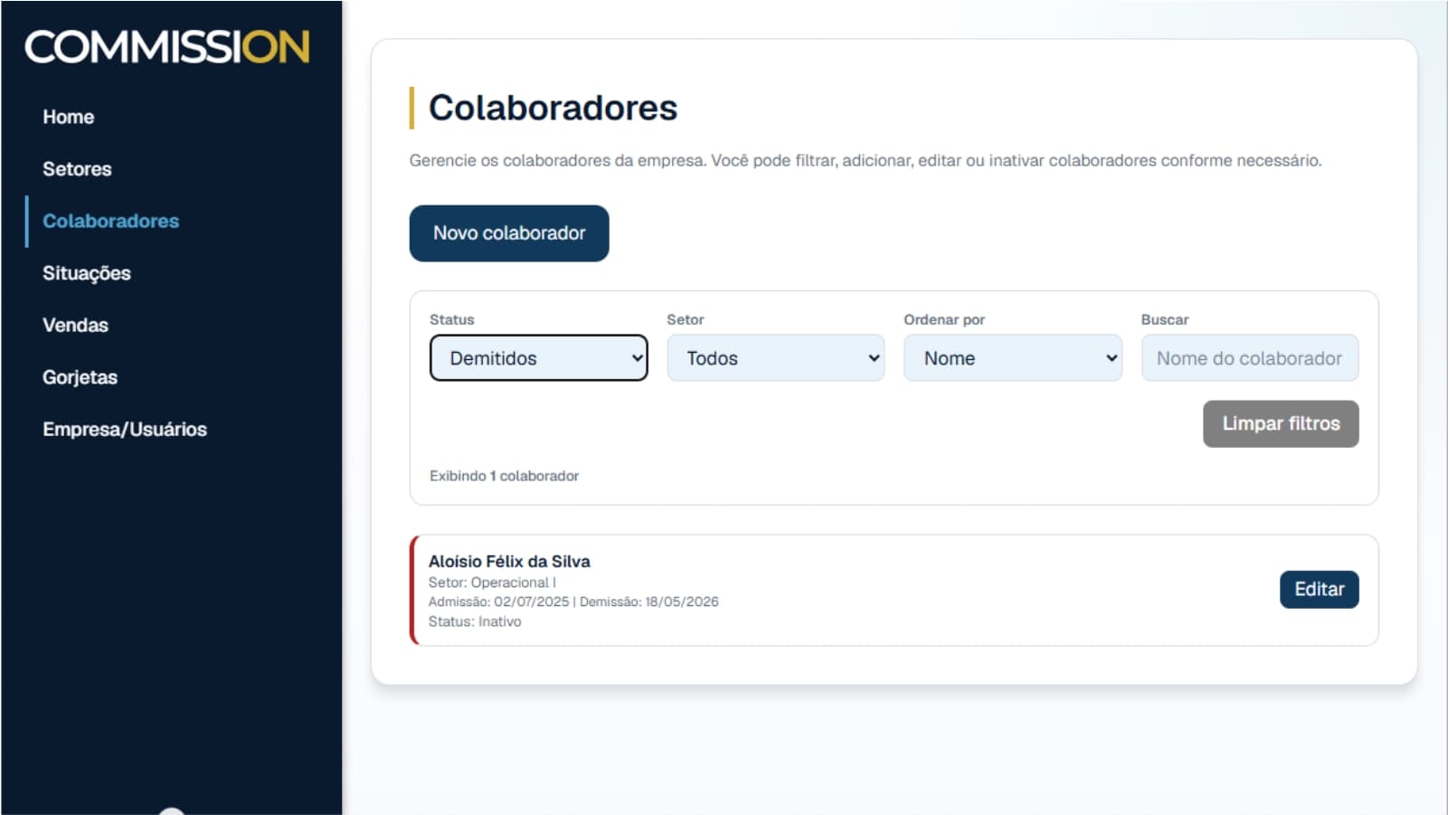 Filtro de colaboradores demitidos com barra vermelha de status