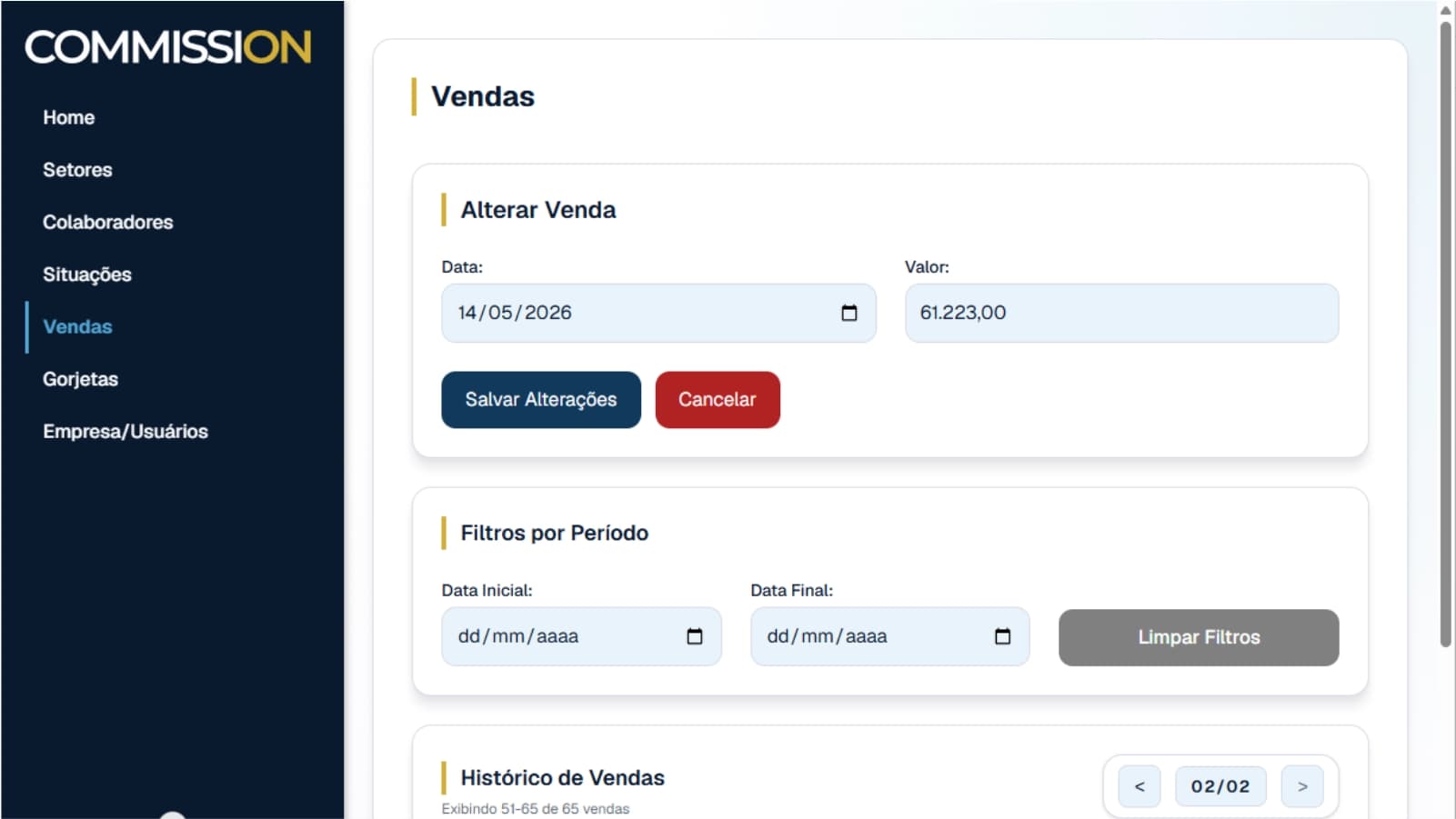 Tela de alteração de um lançamento de venda no módulo Vendas
