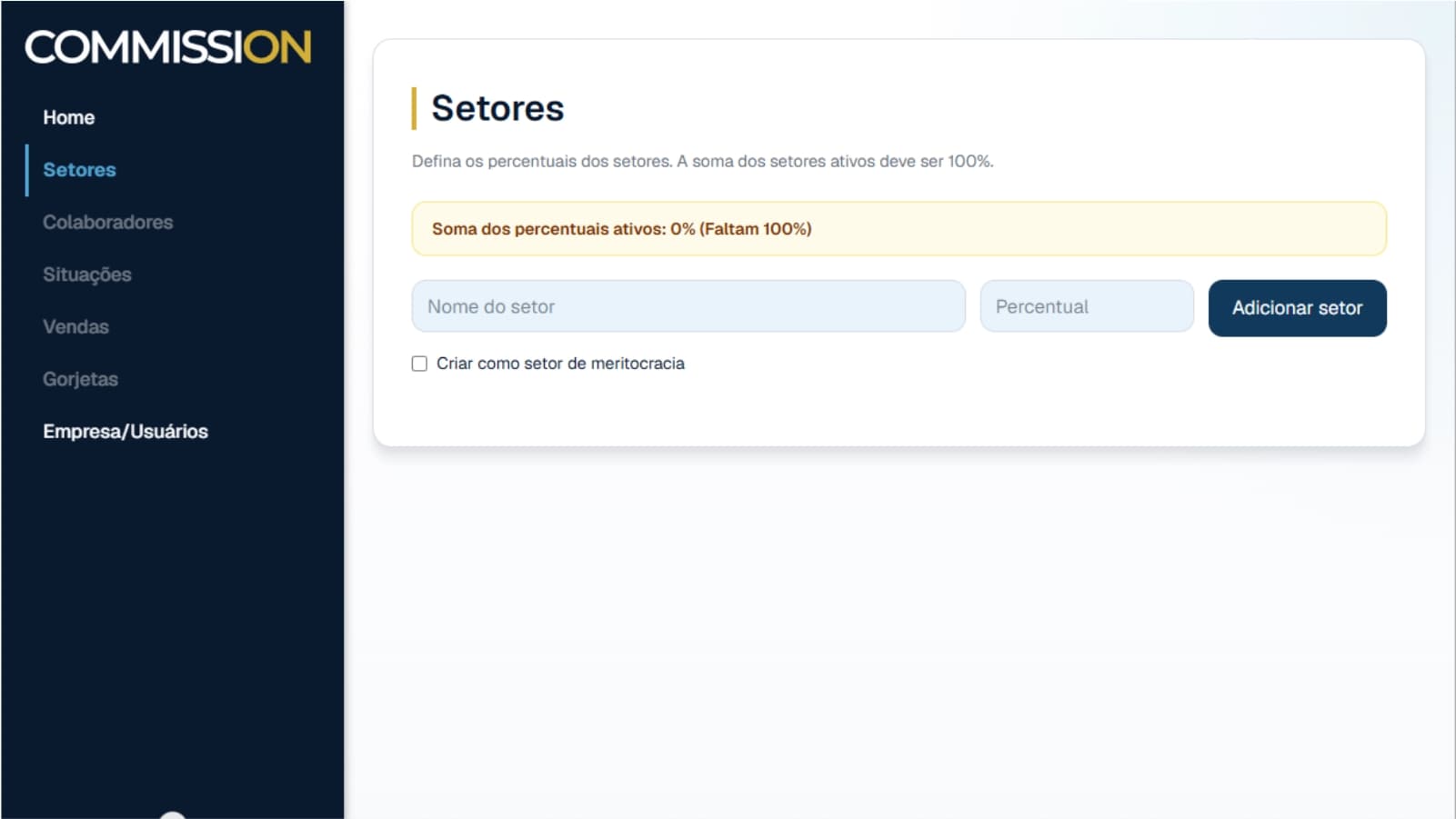Tela de setores sem registros e percentuais em 0%