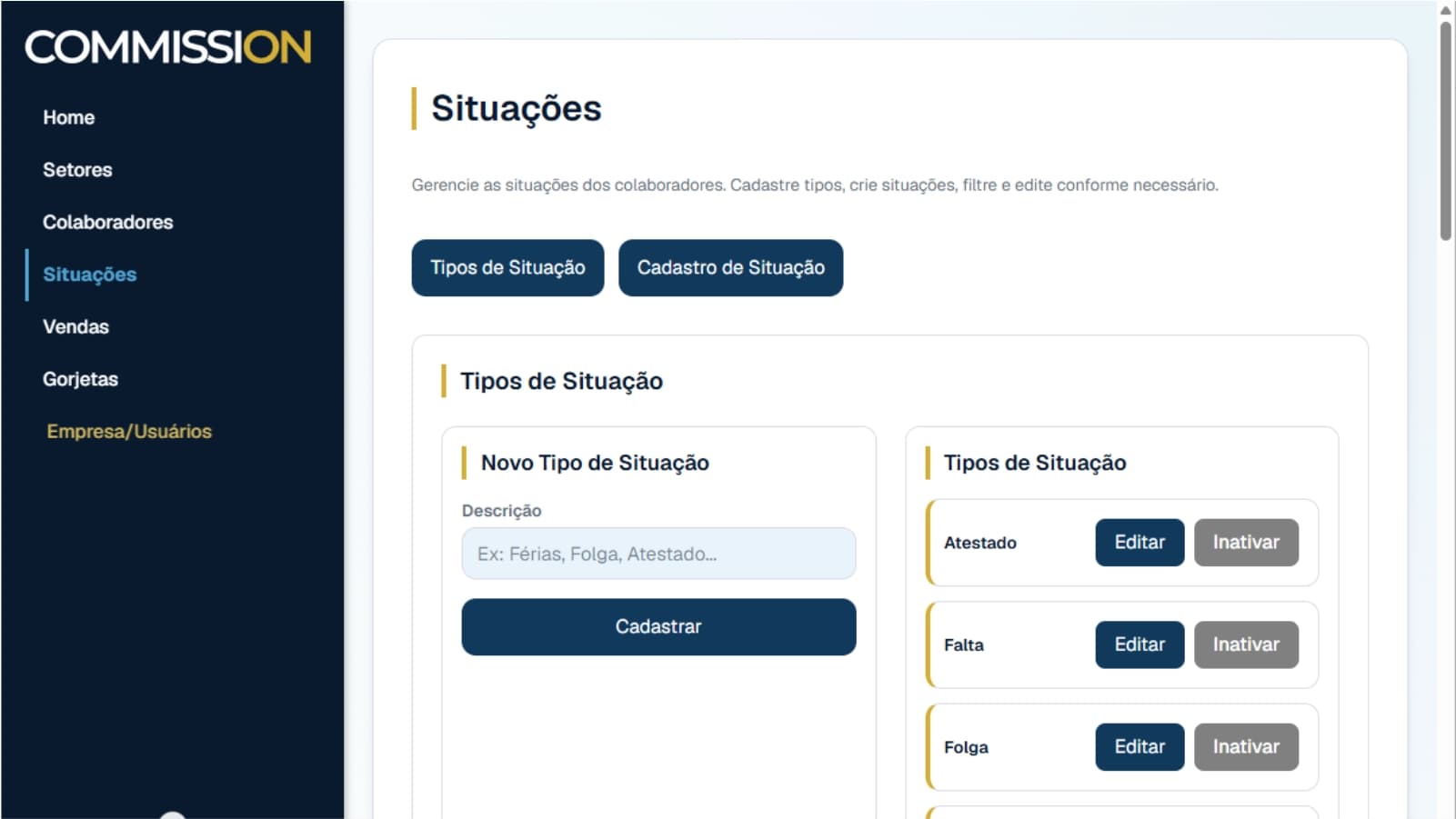 Tela do módulo Situações com cadastro de tipo e listagem de situações