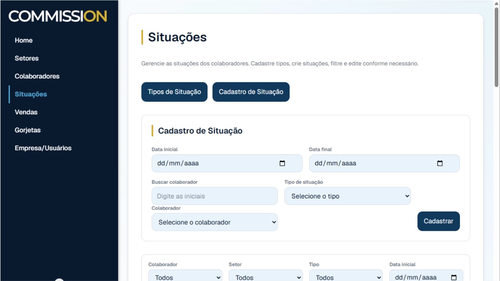 Tela de cadastro de situações no sistema